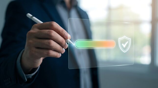 A close-up of a businessman's hand using a stylus to interact with a holographic security progress bar displaying a shield with a checkmark.