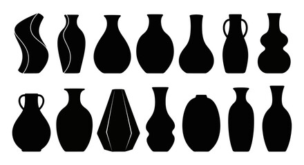 Collection of Black Silhouettes of Various Ceramic Vases and Pottery