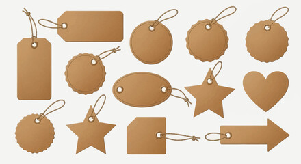 Collection of Blank Brown Kraft Paper Tags in Various Shapes for Sale or Gift