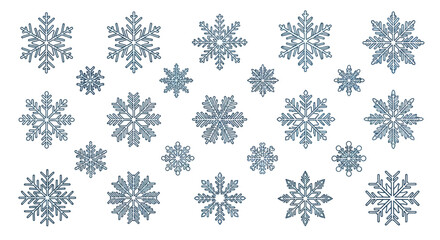 Collection of Blue Glittering Snowflakes on White Background - Winter Holiday Design Elements