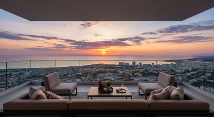 Fototapeta premium Luxurious rooftop terrace with stunning ocean sunset view.
