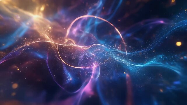 Vibrant blue and purple swirling energy patterns with golden light and subatomic particles in dark space