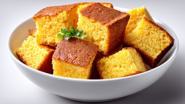 Bowl of golden cornbread chunks arranged neatly, viewed from above, with a sprig of parsley on top, set against a clean white background with ample copy space on the left side