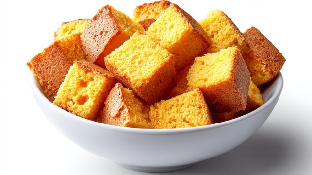 Bowl filled with large chunks of cornbread arranged neatly, viewed from above on a clean white background with ample copy space for text or graphics