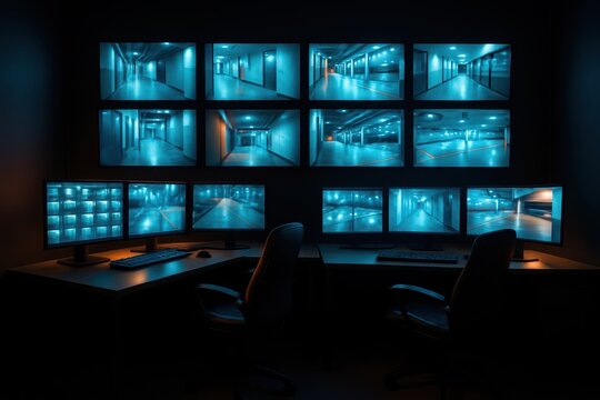 A high-tech security monitoring center with multiple screens displaying surveillance footage of corridors and rooms, showcasing advanced systems and vigilance.