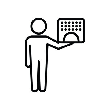 Person presenting a screen or display with a circular element