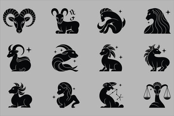 Fototapeta premium Twelve Black Zodiac Animal Constellations on Gray Background Keywords: zodiac, astrology