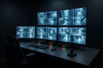 A security control room featuring multiple monitors displaying surveillance footage of hallways, with a desk, chair, keyboard, mouse and a dark ambience.
