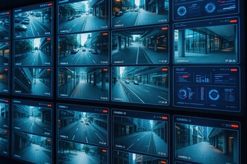 A wall of security monitors displaying urban street scenes with cars and pedestrians under surveillance, combined with digital data analysis and timed recordings.