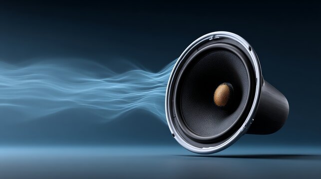 Technical audio horn speaker with sound waves emanating from it, set against a blue gradient background, featuring vast empty copy space on the left for design purposes