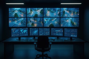 Naklejka premium A high-tech security command center with multiple screens displaying city surveillance and data visualizations, in a dark room with glowing monitors and modern technology.