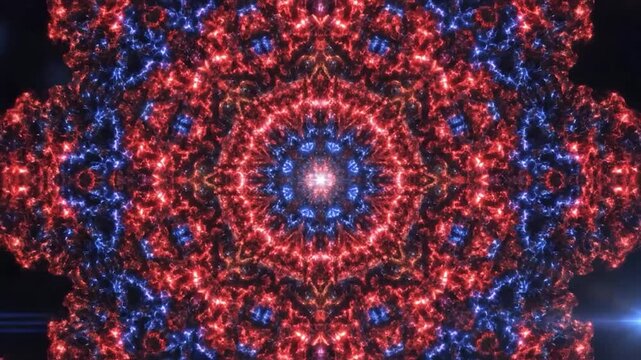 Abstract glowing red and blue light particles form a symmetrical pattern