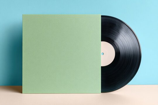 Vinyl record mockup featuring a black disc partially visible beside a muted sage green album cover against a light beige and blue background