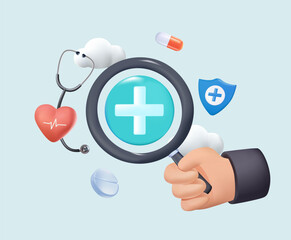 Fototapeta premium Medical health care insurance 3D vector concept with hand holding magnifying glass and health icons, protection, screening, diagnosis, treatment, wellness, and preventive healthcare. Vector