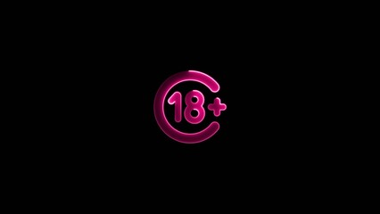 Glowing pink eighteen plus age restriction symbol with circular and plus sign on dark Generate title without using the word "Title:" before it. background