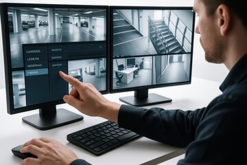 A man monitoring security camera footage across multiple screens, focusing on enhanced safety and vigilance, operating modern security systems at his workplace.