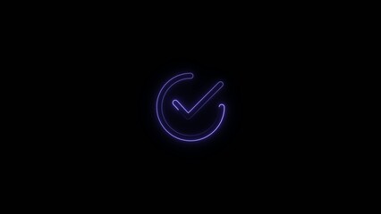 Glowing purple neon checkmark with circular outline on dark Generate title without using the word "Title:" before it. background showing approval or success