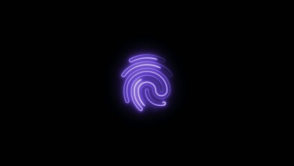 Glowing purple neon fingerprint swirl pattern with curved lines and vibrant light on dark Generate title without using the word "Title:" before it. background