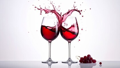 Red wine drips into two crystal glasses against a white background