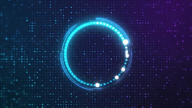 Abstract glowing digital loading circle on a pixelated technology background.