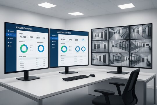 Modern security control center showcasing access management and surveillance system, with data monitoring dashboards and CCTV camera feeds displayed on high-resolution screens.