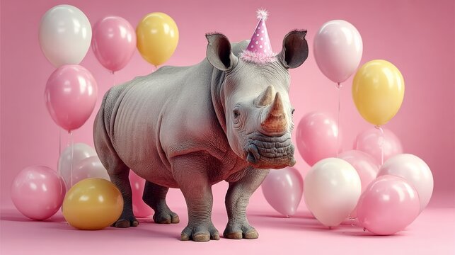 Rhinoceros wearing a pink birthday hat stands among colorful balloons in a festive setting, showcasing a playful and whimsical atmosphere with ample copy space on the left side