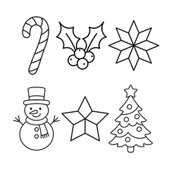 Set of vector line Christmas illustrations: snowman, Christmas tree, holly berries, stars