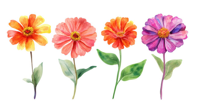 Three watercolor zinnia flowers: two orange-pink and one pink-purple, each with green stem and leaves, isolated on white background. Bright floral botanical illustration.
