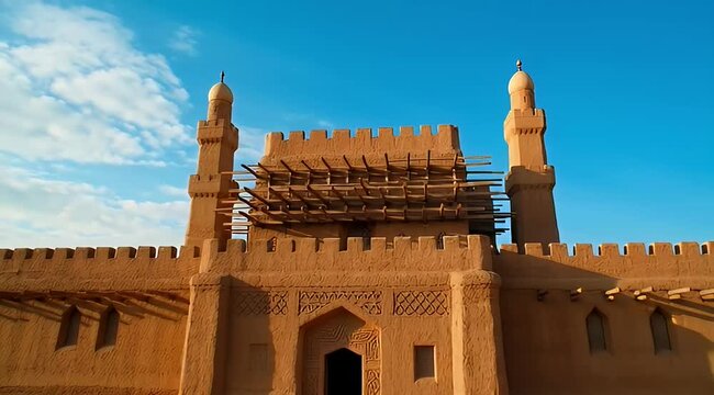 Ancient looking Middle Eastern construction with towers and a clear blue sky