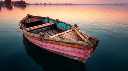 Obraz premium Colorful wooden boat with rustic textures floating on a calm river during golden hour, reflecting warm sunset light on the water surface in a serene natural setting