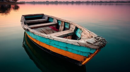 Obraz premium Colorful rustic wooden boat with weathered textures floating on a calm river during golden hour, reflecting warm sunset light in ultra realistic 8k cinematic photography