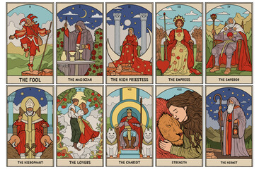 vintage vintage style deck of tarot cards. magical predictions of the future, mysterious characters.