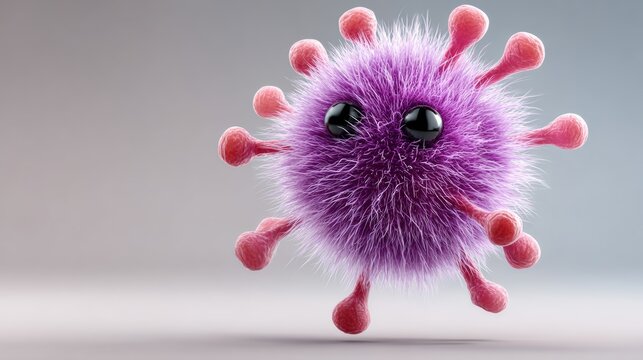 Ultra-photorealistic illustration of a stylized immune system character resembling a virus, featuring vibrant purple fur and pink appendages, set against a clean, minimalistic background with ample co