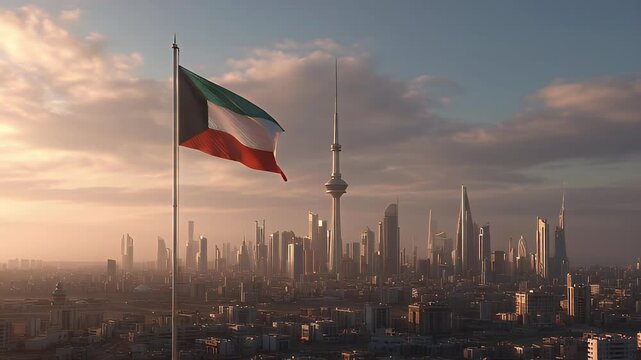 Kuwait Flag Flying Over Financial District