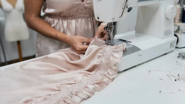 Tailor carefully stitches a delicate ruffled hem on a long nightgown focusing on intricate detailing under bright sewing studio lights.