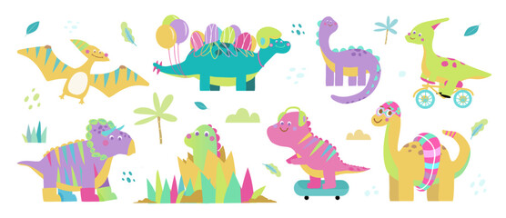 Colorful dinosaur vector illustration set with patterned prehistoric characters and plants. Hand drawn cartoon design for kids stickers, posters, nursery decor and invitations. © TWINS DESIGN STUDIO
