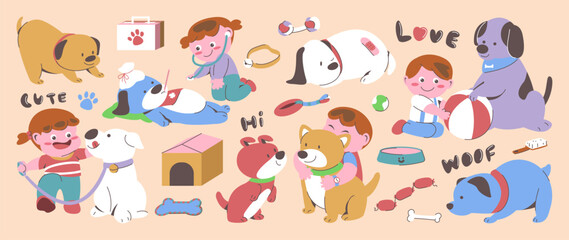 Cute pets and kids vector illustration set with children playing with dogs and cats, toys and hearts. Hand drawn cartoon design for daycare posters, stickers, books and ads.