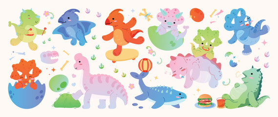 Fototapeta premium Cute dinosaur vector illustration set with eggs, volcano and playful prehistoric animals. Hand drawn cartoon design for kids stickers, posters, classroom materials and decor.
