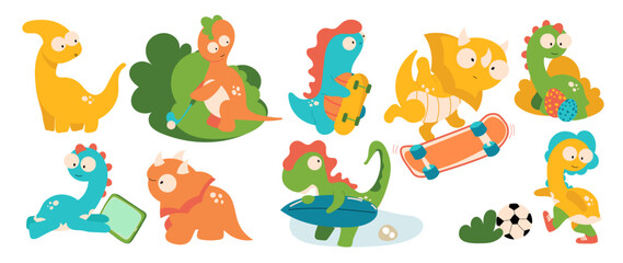 Cute dinosaur character vector set with skateboard, surfboard and playful poses. Hand drawn cartoon design for kids stickers, badges, t shirts, posters and party decor.