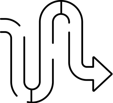 Winding path arrow creating a complex route, illustrating concepts of detour, bypass, solution, challenge, and indirect journey, with an arrow pointing forward