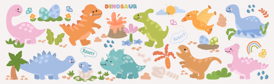 Cute dinosaur vector illustration set with pastel prehistoric animals, leaves and clouds. Hand drawn cartoon design for kids stickers, posters, nursery decor and education.