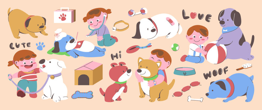 Cute pets and kids vector illustration set with children playing with dogs and cats, toys and hearts. Hand drawn cartoon design for daycare posters, stickers, books and ads.