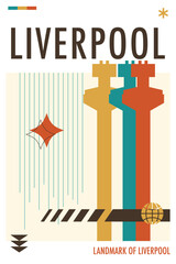 Obraz premium Liverpool landmark poster in retro futurism style. Vintage printable vector cover, postcard, illustration. Futuristic, halftone England UK city art with monument, tower