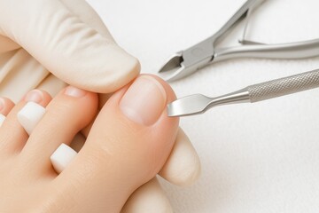 Professional pedicure procedure on toes with tools, cuticle pusher and nippers, hygiene and beauty care, beauty salon equipment, nail care process for healthy and attractive nails