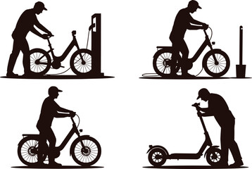 Fototapeta premium Silhouettes of people charging and riding electric bicycles and scooters