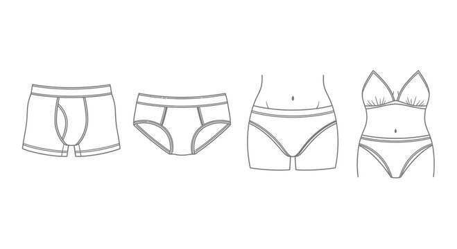 Men's and Women's Underwear Types Comparison, Line Art Sketches