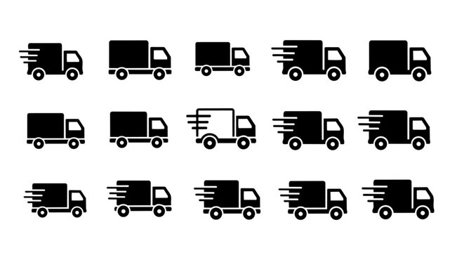Delivery truck icon set &ndash; fast shipping and logistics transport silhouette vector pack