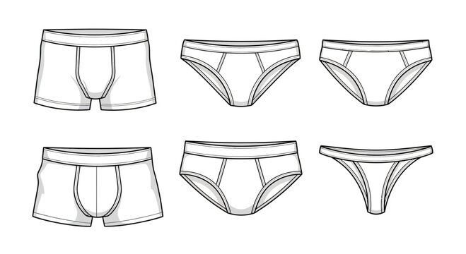 Mens Underwear Styles: Boxer Briefs, Briefs, and Thong - Line Art Fashion Illustration