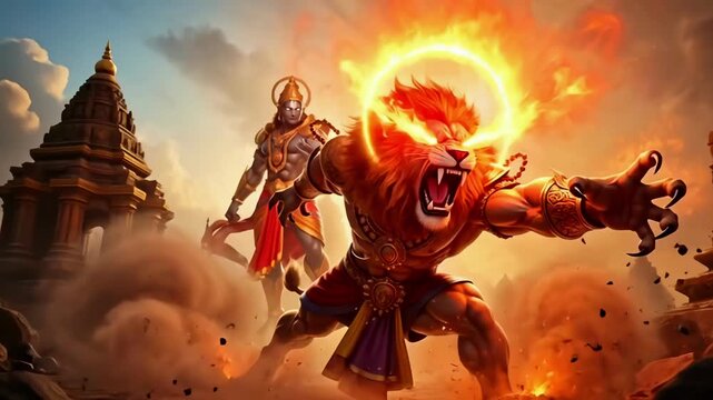 Narasimha powerful avatar of vishnu roaring lion warrior in hindu religion mythology for festival culture devotion banner poster background and commercial video