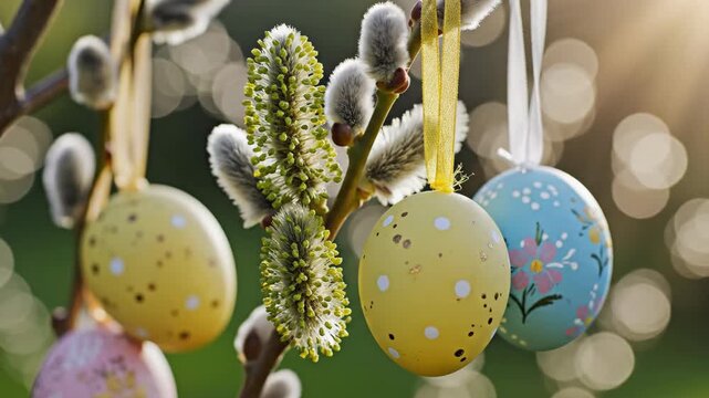 Colorful Easter eggs hanging on pussy willow branches outdoors in spring